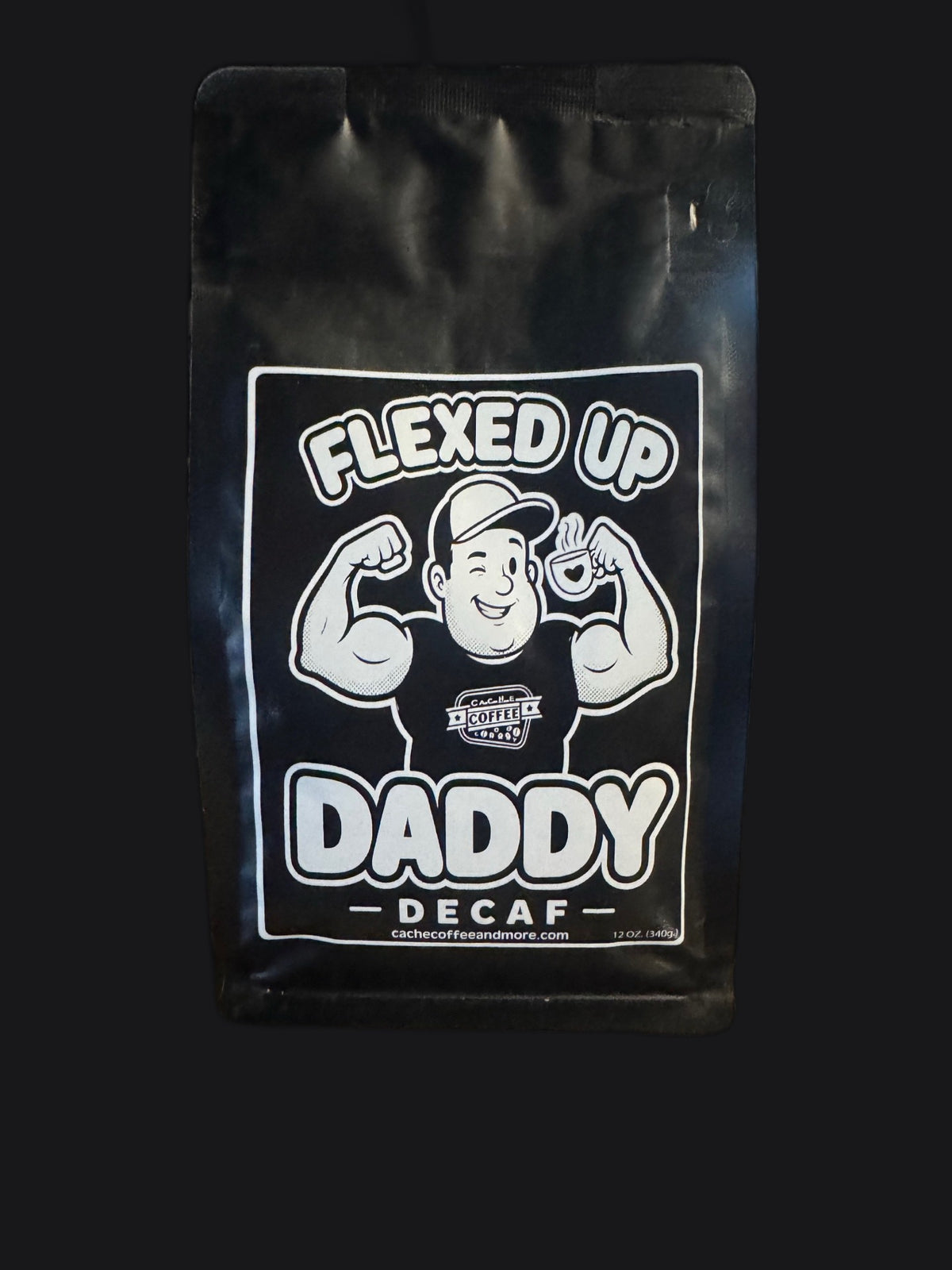 Flexed Up Daddy Decaf – Clean product shot on dark background