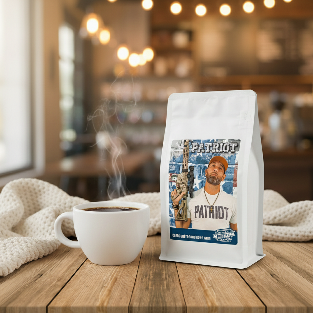 Ant Patriot Roast coffee bag with steaming cup of coffee lifestyle shot