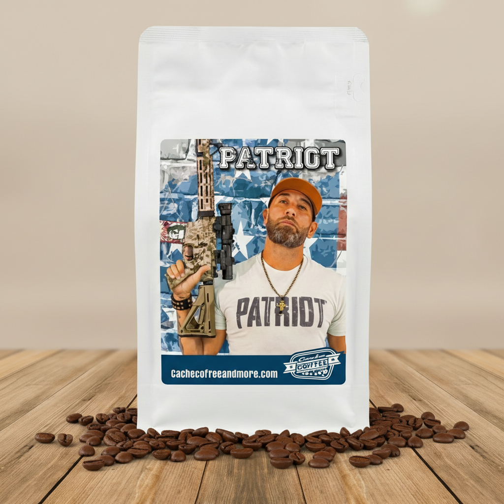 Ant Patriot Roast coffee bag on rustic wooden table with coffee beans